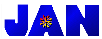 Blue JAN Logo with Red, Orange, and Yellow Starburst in the Middle of the Letter A