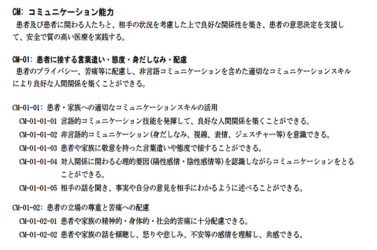 医学教育コアカリ電子版で「コミュニケーション能力」と検索