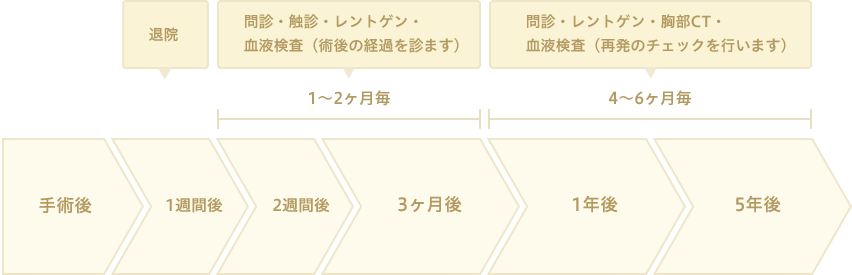 手術後2週間後から[1～2ヶ月毎]問診・触診・レントゲン・血液検査（術後の経過を診ます）1年後から[4～6ヶ月毎]問診・レントゲン・胸部CT・血液検査（再発のチェックを行います）